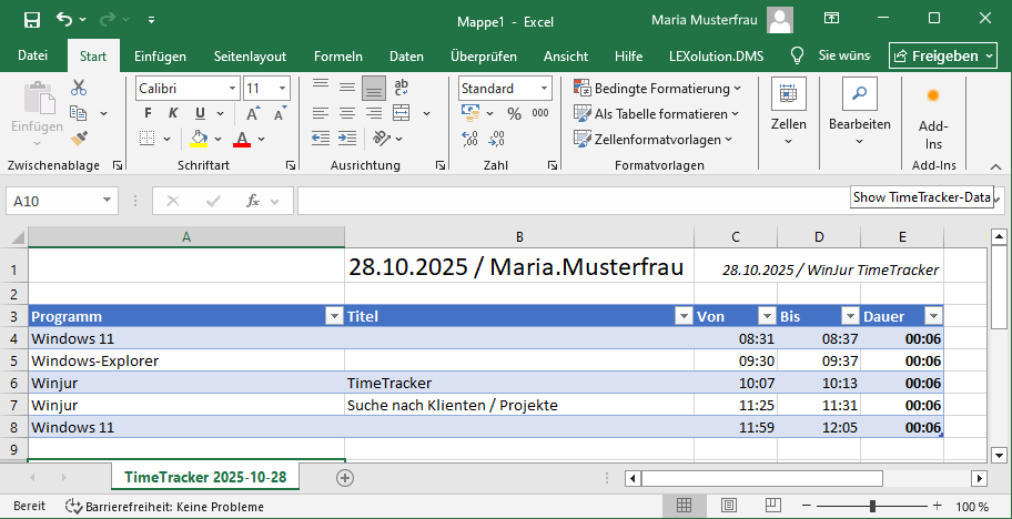 MS Excel mit exportierten TimeTracker-Daten