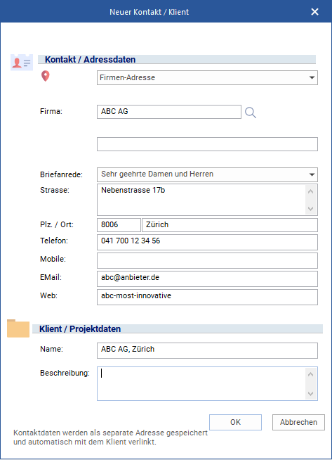 Das Fenster zur Erstellung eines neuen Kontakts