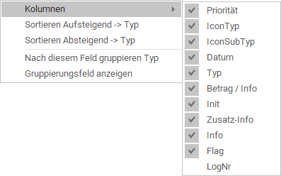 Kontextmenü für Kolumnen