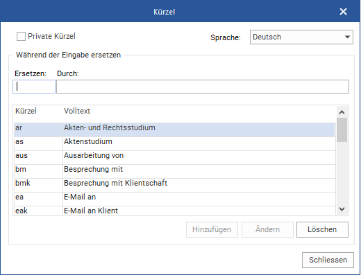 Das Fenster "Kürzel"