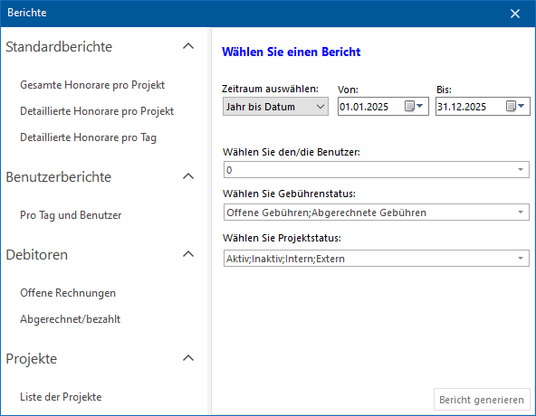 Das Fenster "Berichte"