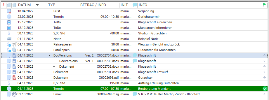 Datensatzliste des Log/ Journals