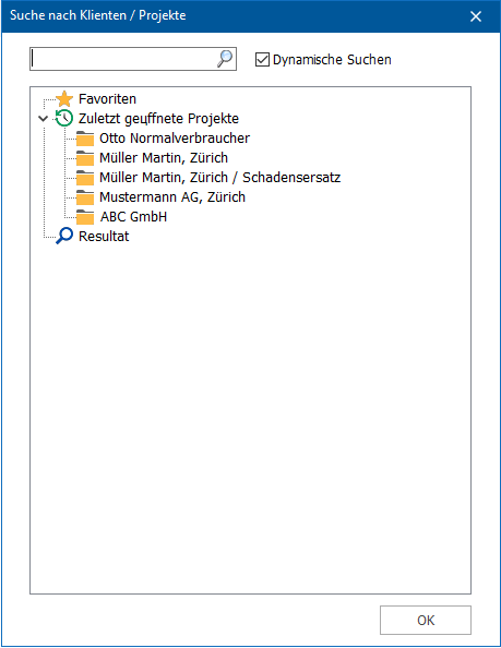 Das Fenster "Suche nach Klienten Projekte"