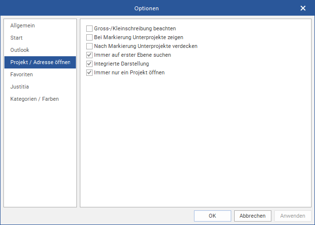 Das Fenster "Optionen": Projekt/ Adresse öffnen