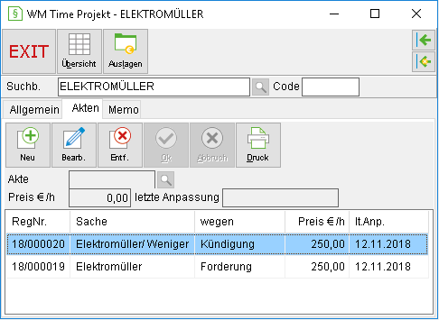 WM Time Projekt: die Registerkarte "Akten"