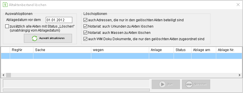 Das Fenster "Altaktenbestand löschen"