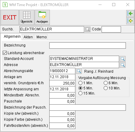 WM Time Projekt: die Registerkarte "Allgemein"