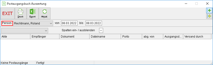Das Fenster "Postausgangsbuch Auswertung"