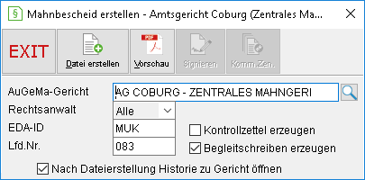 Das Fenster "Mahnbescheid erstellen"