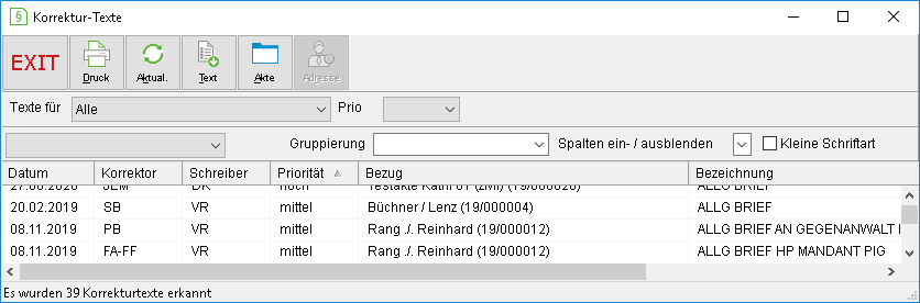 Das Fenster "Korrektur-Texte"