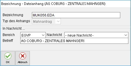 Das Fenster "Bezeichnung – Dateianhang erstellen"