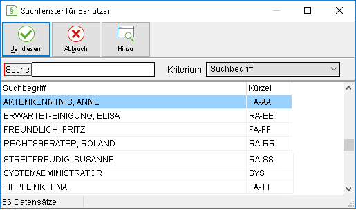 Das Suchfenster für Benutzer