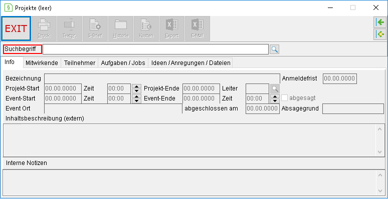 Das Projektfenster ohne Daten