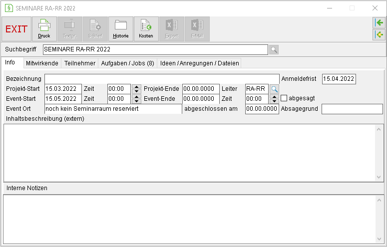Das Projektfenster: die Registerkarte "Info"