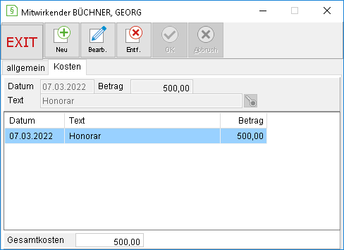 Das Fenster "Mitwirkender": die Registerkarte "Kosten"