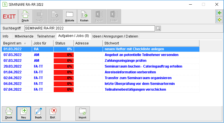 Das Projektfenster: die Registerkarte "Jobs/ Aufgaben"