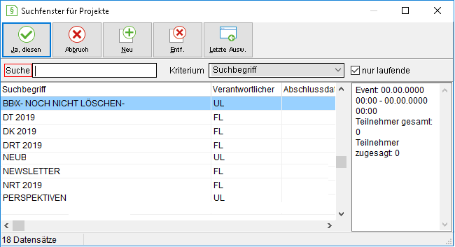 Das Suchfenster für Projekte