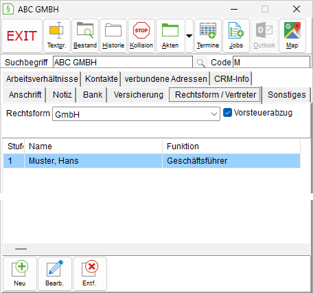Das Adressfenster: die Registerkarte "Rechtsform/ Vertreter"