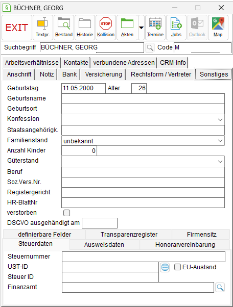 Das Adressfenster: die Registerkarte "Sonstiges"