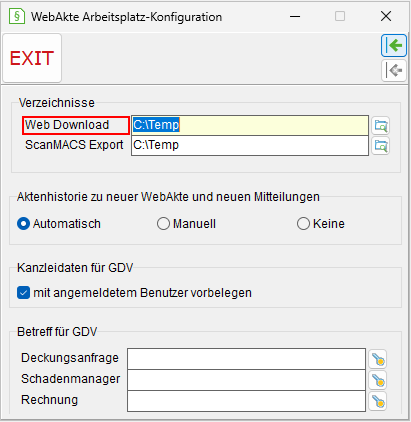 Das Fenster "WebAkte – Arbeitsplatz-Konfiguration"