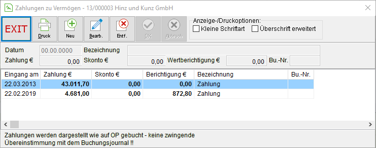 Das Fenster "Zahlungen zu Vermögen"