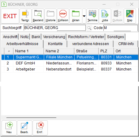 Das Adressfenster: die Registerkarte "Arbeitsverhältnisse"