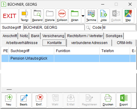 Das Adressfenster: die Registerkarte "Kontakte"