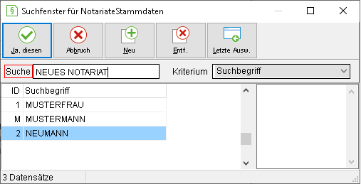 Das Suchfenster für Notariate-Stammdaten