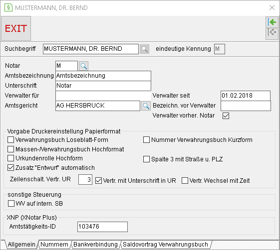 Notariat-Stammdaten-Einstellungen: die Registerkarte "Allgemein"