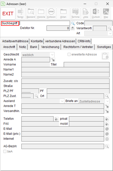 Das Adress-Fernster ohne Inhalt