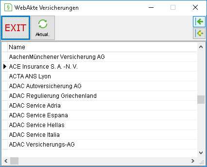 Das Fenster "WebAkte Versicherungen"