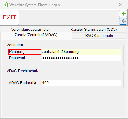 WebAkte-System-Einstellungen: die Registerkarte "Zusatz (Zentralruf/ ADAC)"