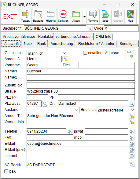 Das Adressfenster: die Registerkarte "Anschrift"
