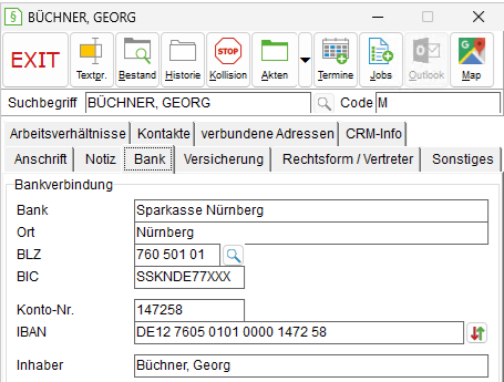 Das Adressfenster: die Registerkarte "Bank"