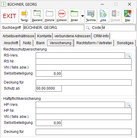 Das Adressfenster: die Registerkarte "Versicherung"