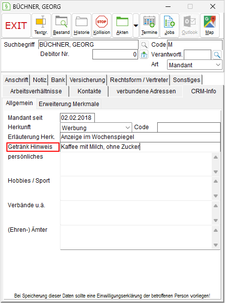 Das Adressfenster: die Registerkarte "CRM-Info"