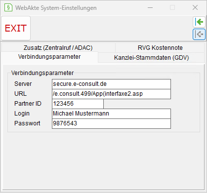 WebAkte-System-Einstellungen: die Registerkarte "Verbindungsparameter"