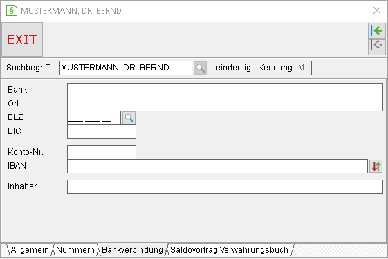 Notariat-Stammdaten-Einstellungen: die Registerkarte "Bankverbindung"