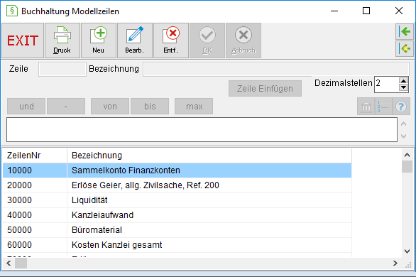 Das Fenster "Buchhaltung Modellzeilen"