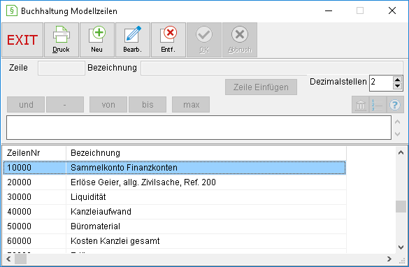 Das Fenster "Buchhaltung Modellzeilen"