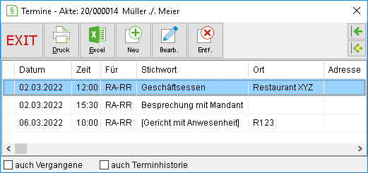 Das Termin-Fenster für die Akte