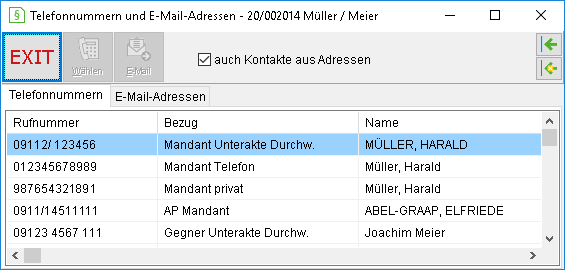 Das Fenster "Telefonnummern und E-Mail-Adressen" zur Akte