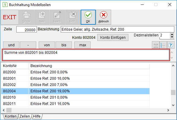Das Fenster "Buchhaltung Modellzeilen"