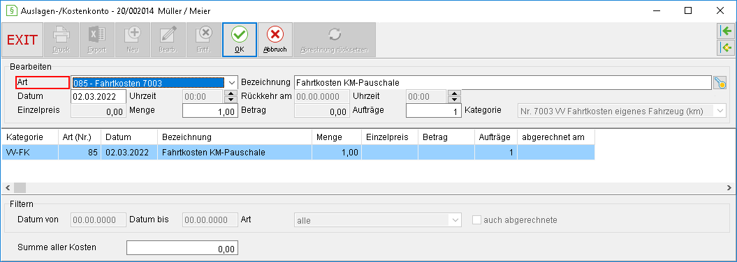 Das Fenster "Auslagen/ Kostenkonto"