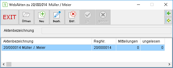 Das Fenster "WebAkte zu Akte"