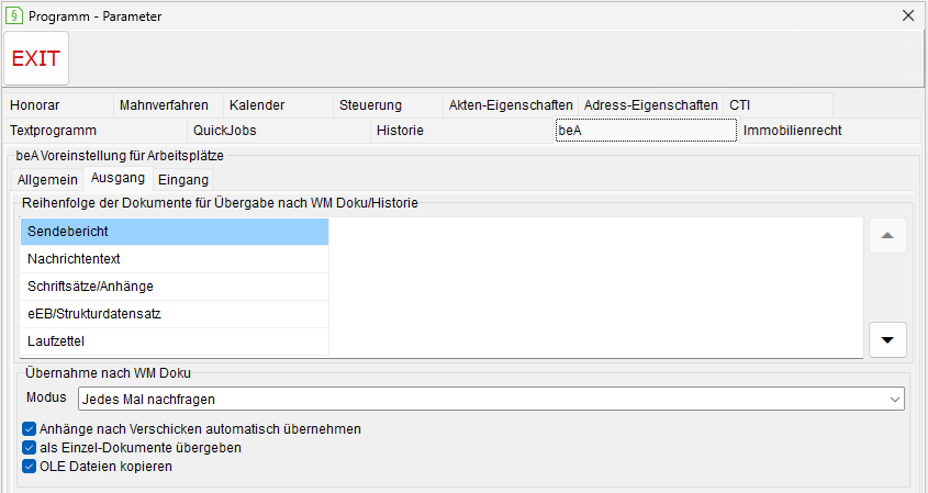 Programm-Parameter: der Registerkarte "beA", Register "Ausgang"