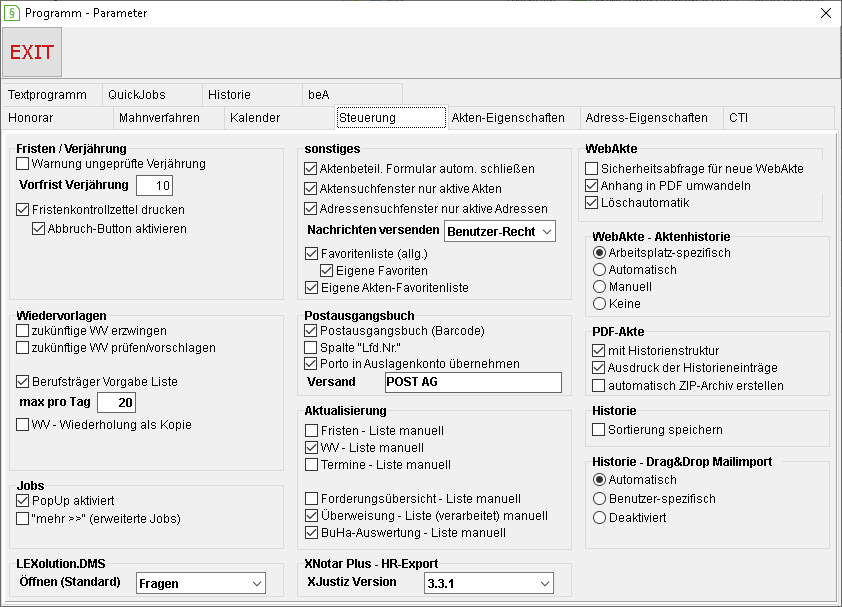 Programm-Parameter: die Registerkarte "Steuerung"