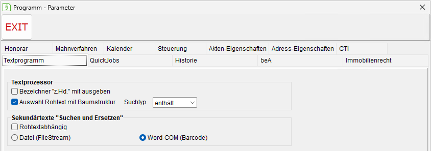 Programm-Parameter: die Registerkarte "Textprogramm"