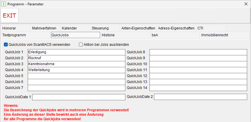 Programm-Parameter: die Registerkarte "QuickJobs"