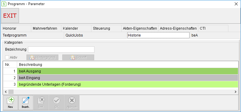 Programm-Parameter: die Registerkarte "Historie"